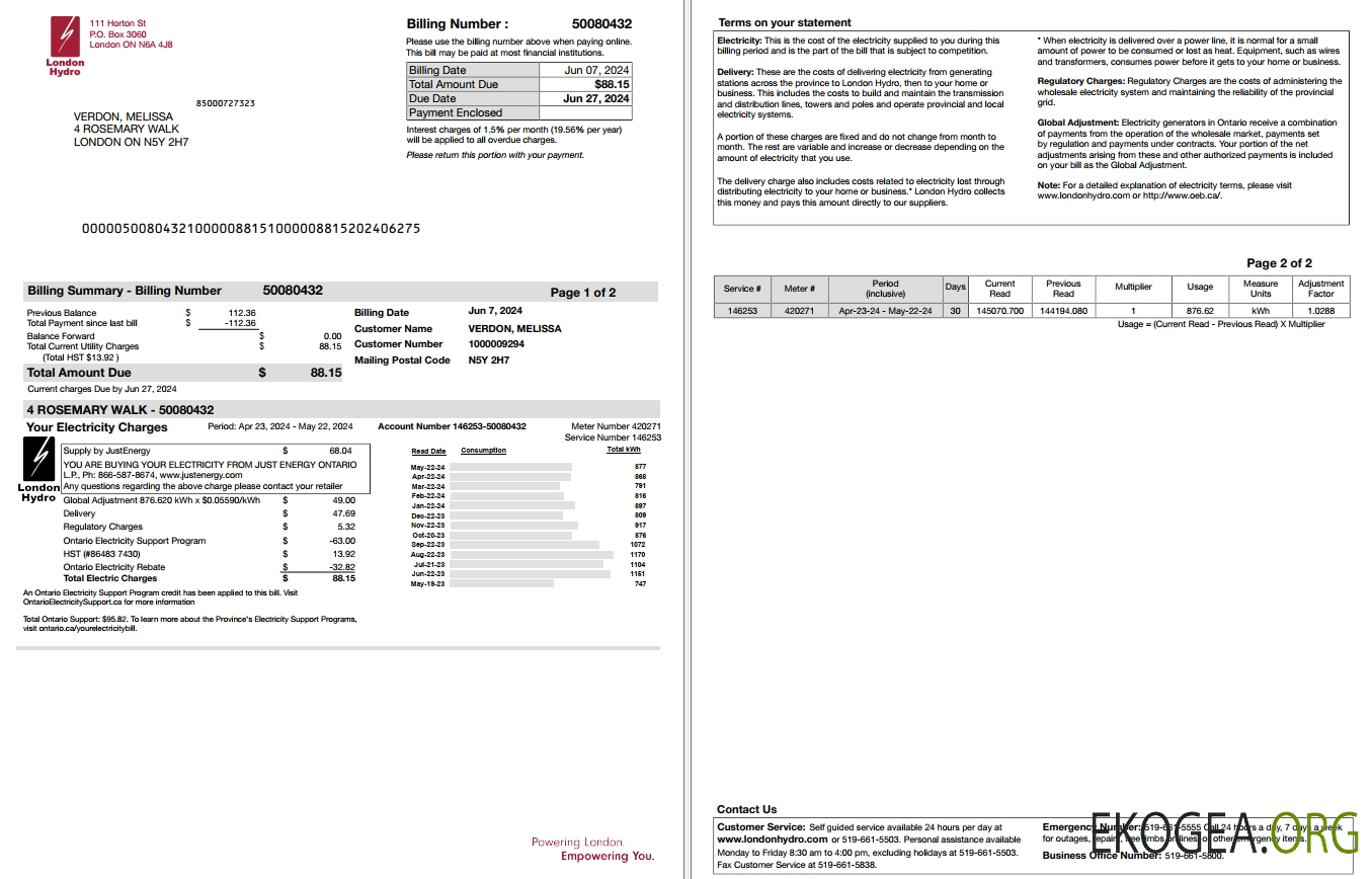 Canada Ontario London Hydro utility bill scr